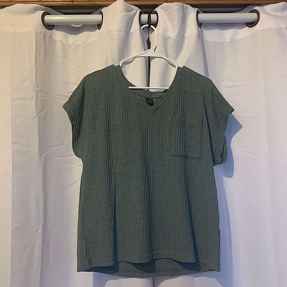 SHEIN Patch Pocket Waffle Knit Top - Grey/Turquoise